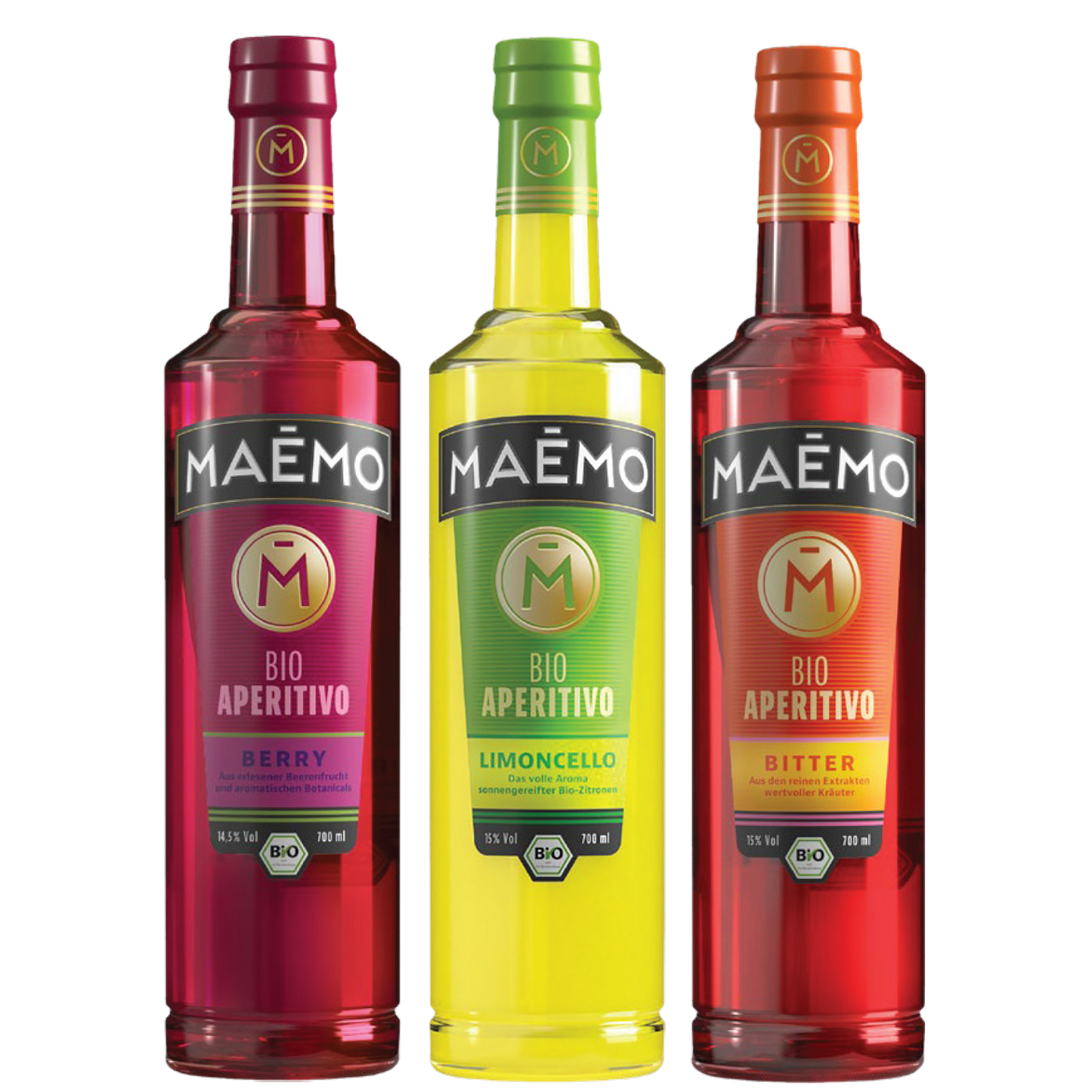 MAEMO Bio Aperitivo Berry, Bio Aperitvo Limoncello, Bio Aperitivo Bitter im 3er Vorteilsset 