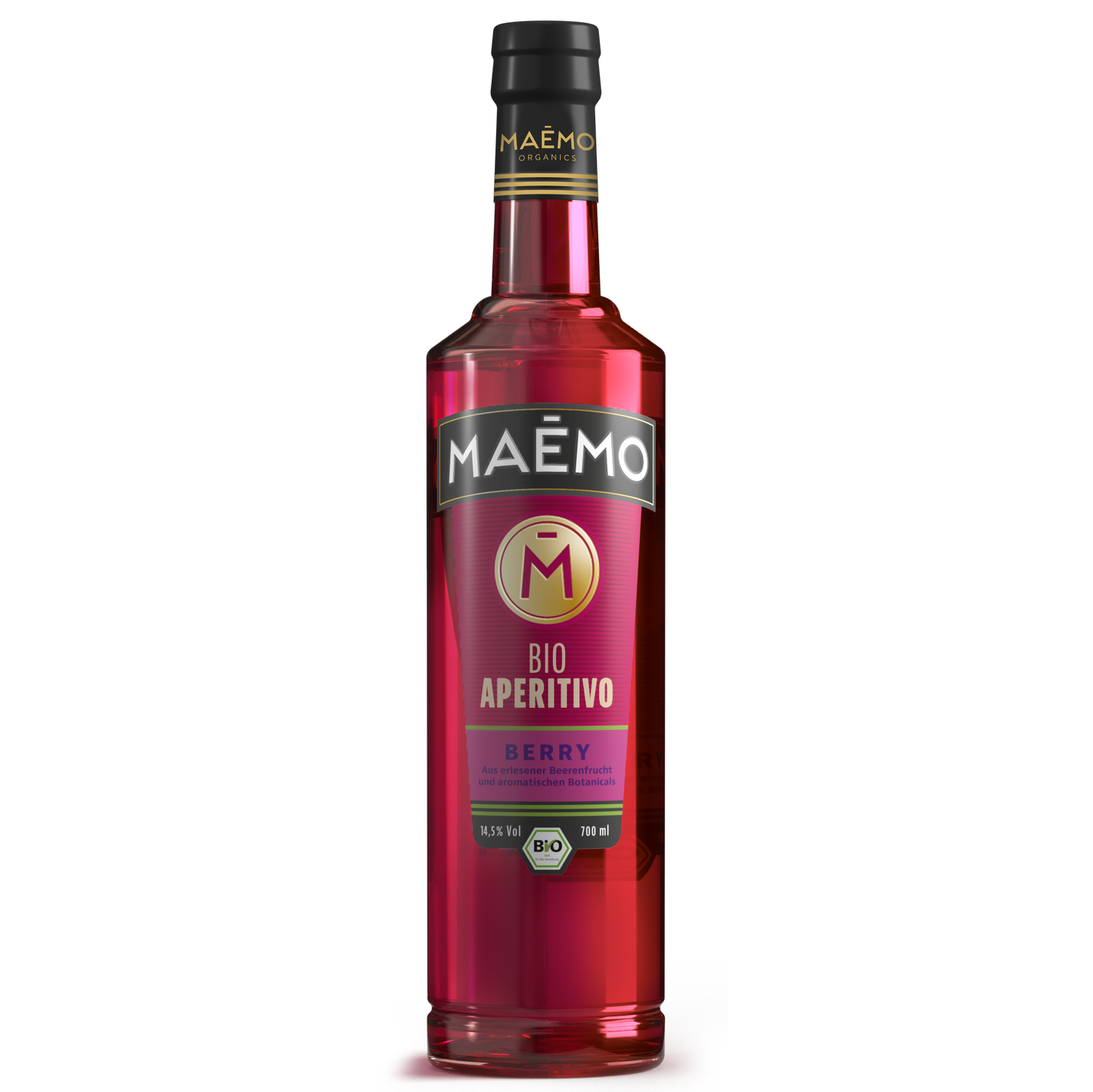 Freigestellte Flasche MAEMO Bio Aperitivo Berry mit intensiv rotem Inhalt und violett-goldenem Etikett, 14,5 % Vol, 700 ml – hergestellt aus reifem Beerenfrucht-Extrakt und aromatischen Bio-Botanicals.