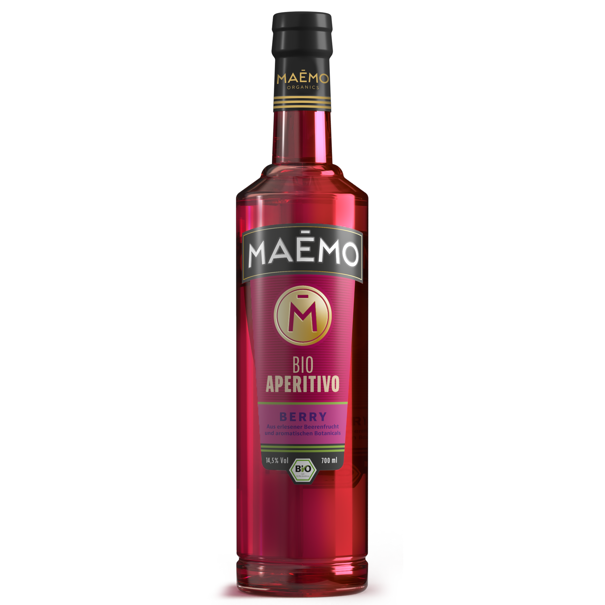 Freigestellte Flasche MAEMO Bio Aperitivo Berry mit intensiv rotem Inhalt und violett-goldenem Etikett, 14,5 % Vol, 700 ml – hergestellt aus reifem Beerenfrucht-Extrakt und aromatischen Bio-Botanicals.