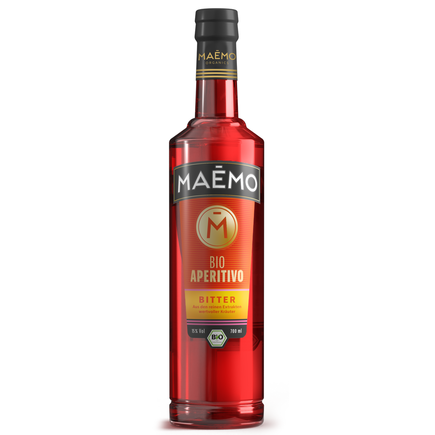 Freigestellte Flasche MAEMO Bio Aperitivo Bitter mit leuchtend rotem Inhalt, schwarzem Etikett und gold-rotem Design, 15 % Vol, 700 ml – aus reinen Extrakten wertvoller Bio-Kraeuter.