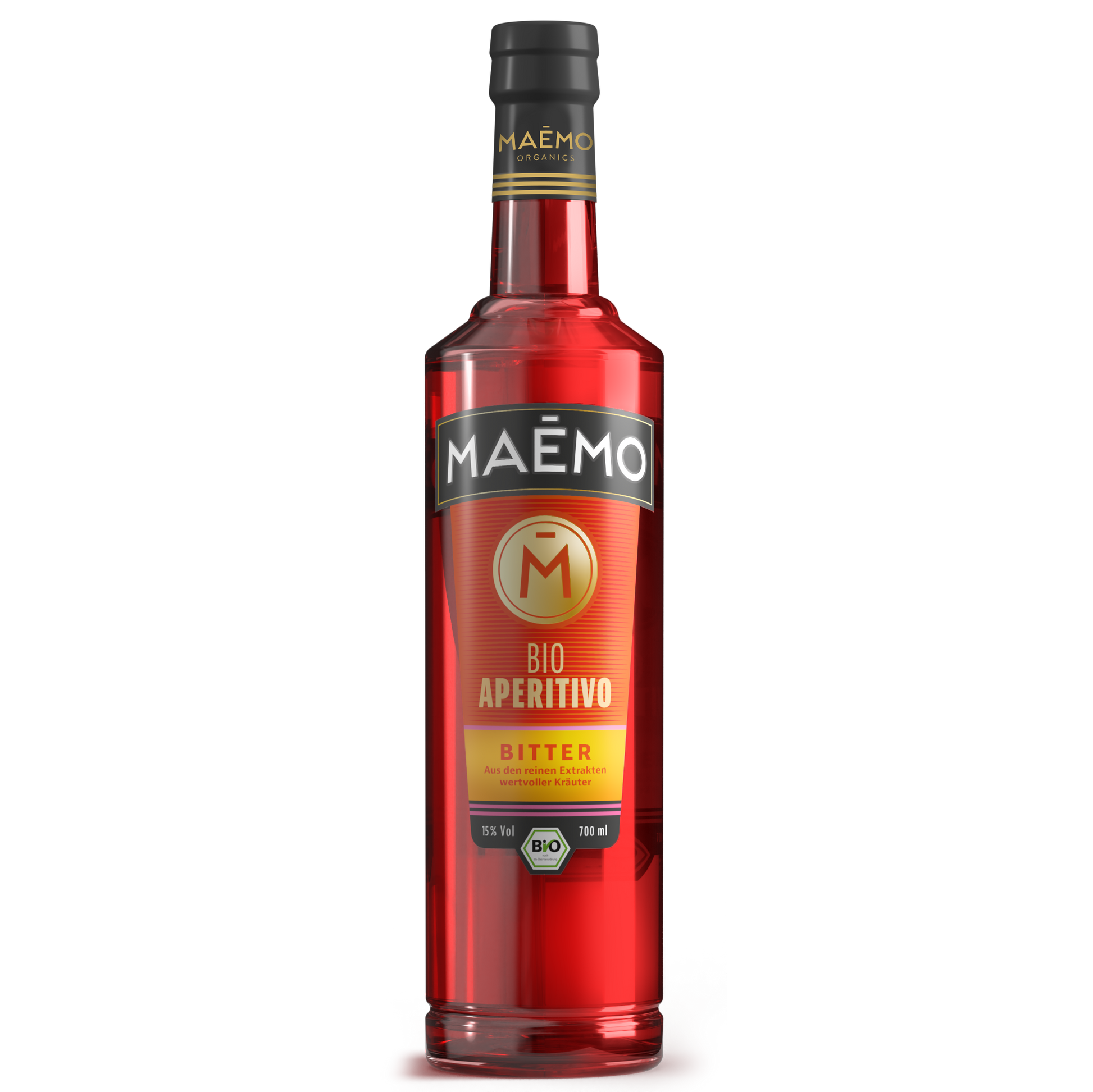 Freigestellte Flasche MAEMO Bio Aperitivo Bitter mit leuchtend rotem Inhalt, schwarzem Etikett und gold-rotem Design, 15 % Vol, 700 ml – aus reinen Extrakten wertvoller Bio-Kraeuter.