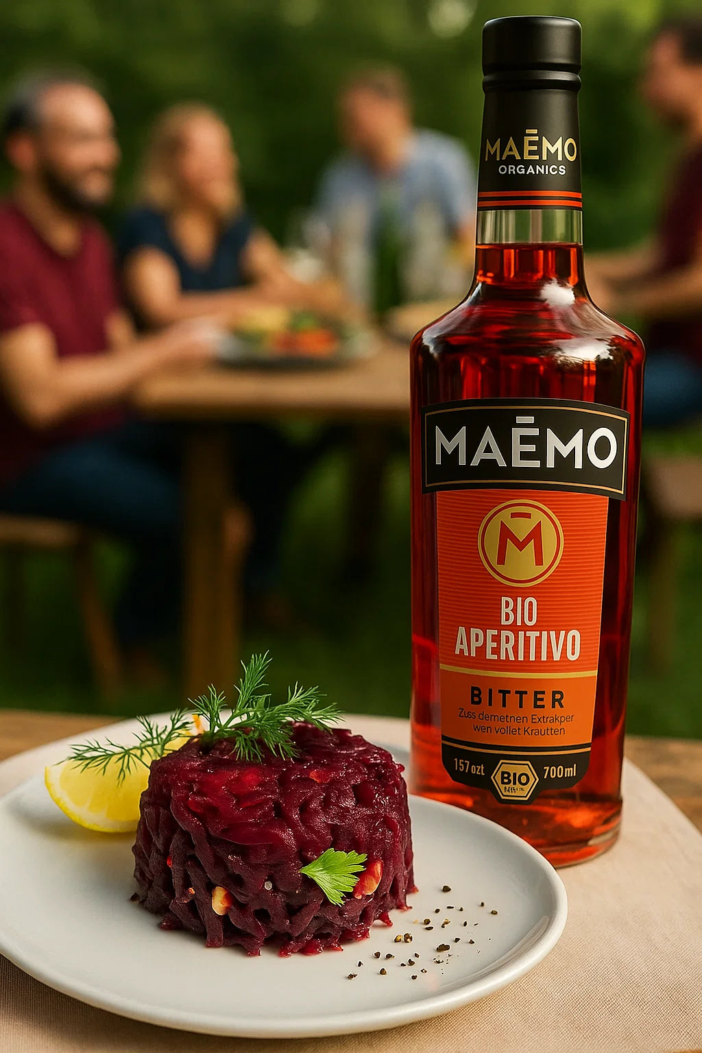 Flasche MAEMO Bio Aperitivo Bitter mit kraeftig-rotem Farbton auf einem Gartentisch, daneben ein Teller mit Blaukraut-Tatar, garniert mit Kraeutern und Zitrone – im Hintergrund eine gesellige Runde beim Abendessen im Freien.