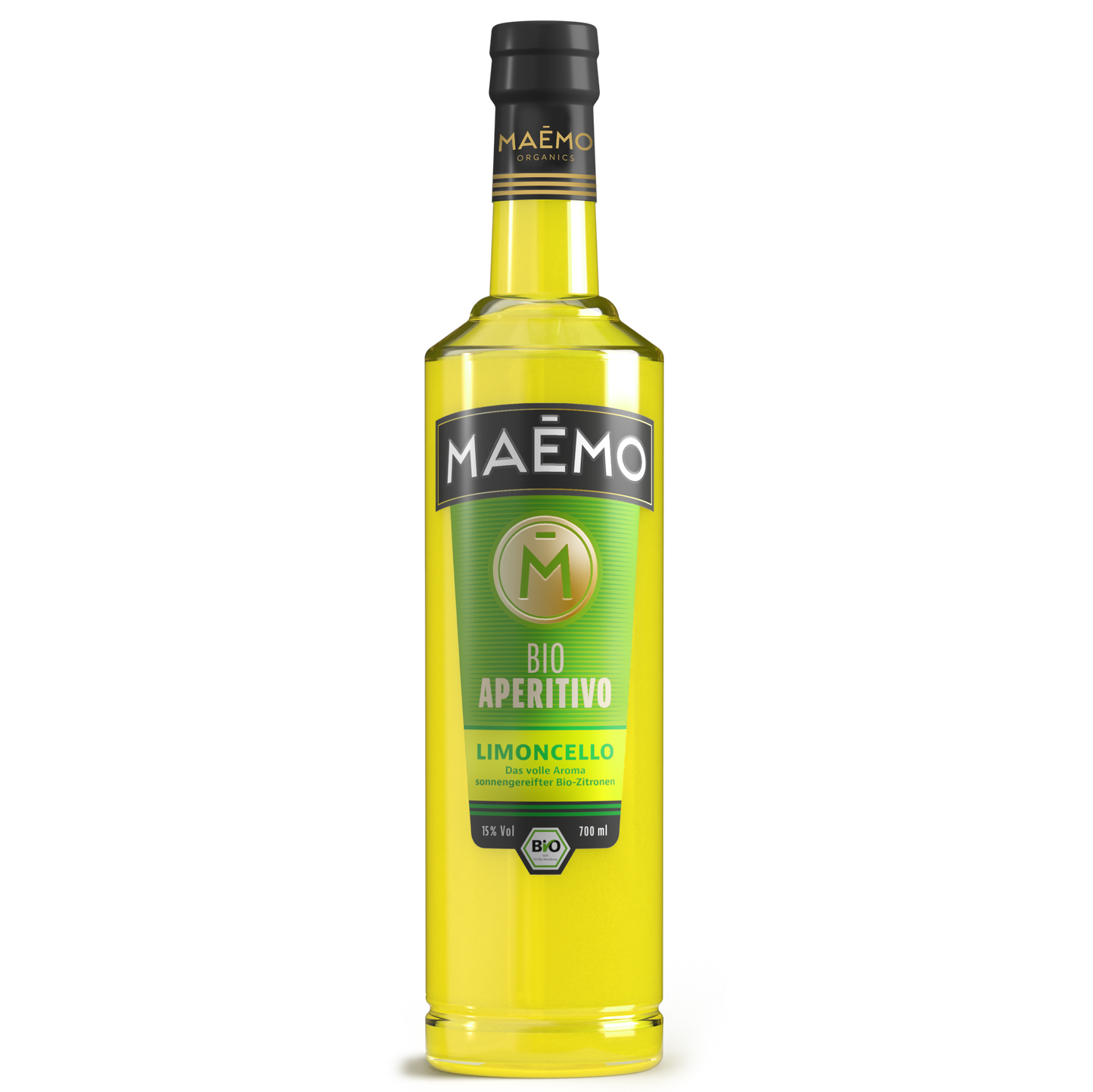 Freigestellte Flasche MAEMO Bio Aperitivo Limoncello mit leuchtend gelbem Inhalt und gruengelben Etikett, 15 % Vol, 700 ml – mit dem vollen Aroma sonnengereifter Bio-Zitronen.