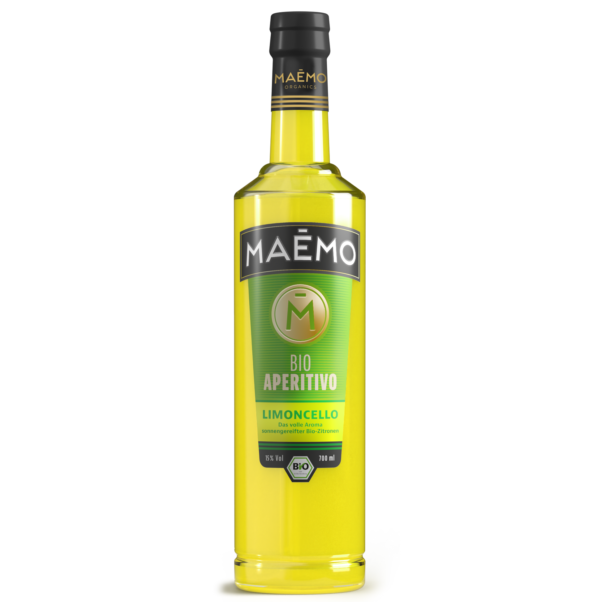 Freigestellte Flasche MAEMO Bio Aperitivo Limoncello mit leuchtend gelbem Inhalt und gruengelben Etikett, 15 % Vol, 700 ml – mit dem vollen Aroma sonnengereifter Bio-Zitronen.