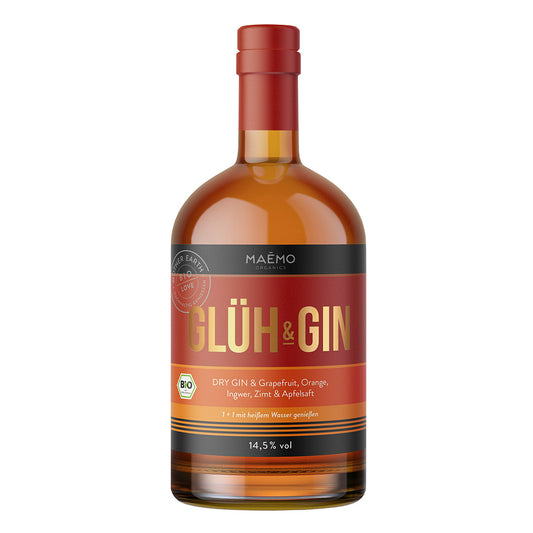 Flasche MAEMO Glueh & Gin mit 14,5 % vol Alkohol, Bio Dry Gin mit Grapefruit, Orange, Ingwer, Zimt und Apfelsaft – stilvoll etikettiert in warmen Farben, ideal zum Mischen mit heissem Wasser.